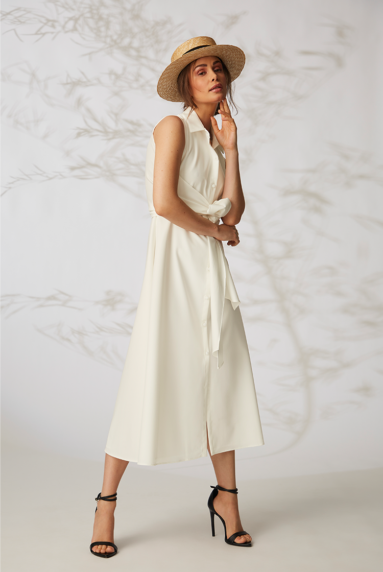 Weißes ärmelloses Midikleid mit Schnürung um die Taille