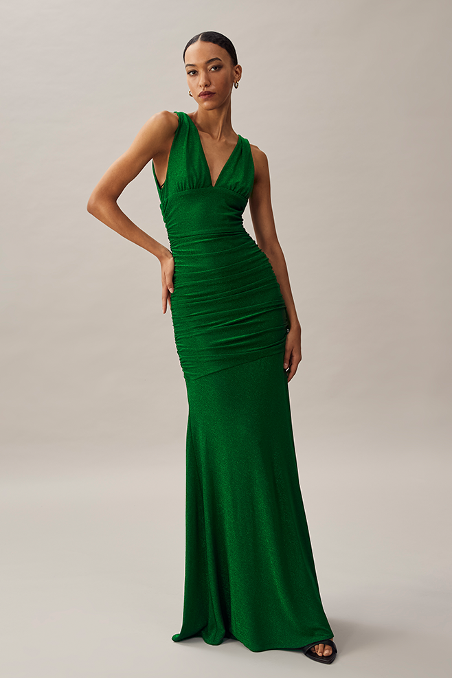 Grünes Kleid Bodenlanges Abendkleid mit V-Ausschnitt