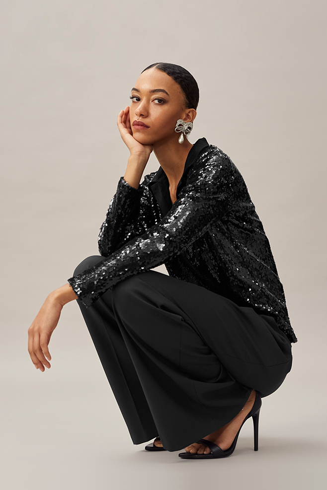 Pailletten Bluse Langarm Poloshirt mit allover Pailletten