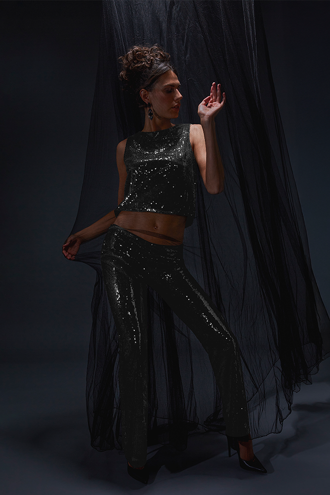 Pailletten Ensemble Top und Hose mit ausgestelltem Bein in Schwarz