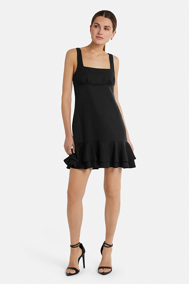 Black summer dress with double flounce hem
